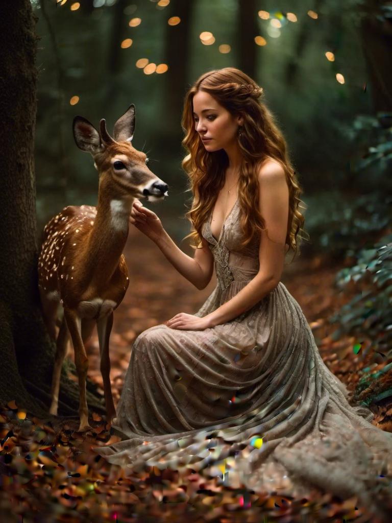 Prompt: <mymodel>Sorceress beguiling a deer, mystical forest setting, enchanting spell, magical aura, detailed characters, high quality, fantasy, ethereal, woodland colors, soft lighting, mystical, detailed deer, captivating gaze, low cut dress, showing leg