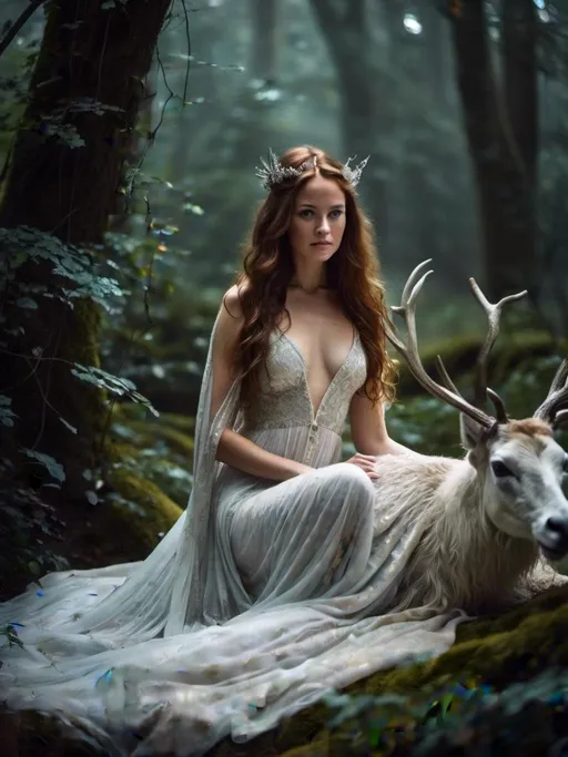 Prompt: <mymodel>Sorceress beguiling a white stag, mystical forest setting, enchanting spell, magical aura, detailed characters, high quality, fantasy, ethereal, woodland colors, soft lighting, mystical, detailed white stag, captivating gaze, low cut dress, showing leg