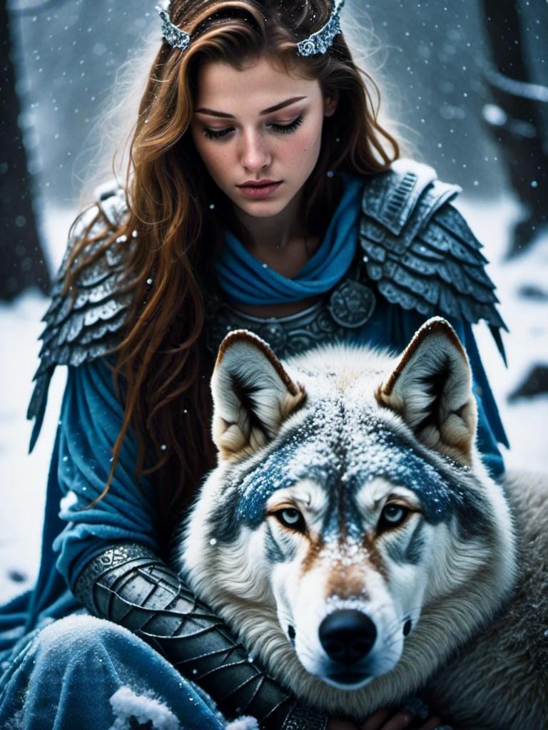 Prompt: <mymodel>Valkyrie mourning a dead wolf in the snowy wilderness, realistic oil painting, intricate armor details, sorrowful expression, ethereal and mystical, high contrast, snow-white and cool blue tones, soft natural lighting, high quality, realistic, detailed armor, snowy landscape, sorrowful, mystical, high contrast, ethereal, cool blue tones, soft lighting