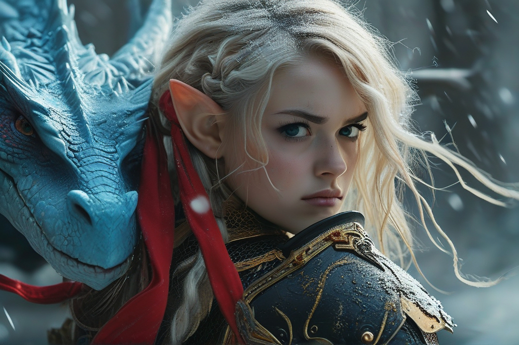 Prompt: Warrior elf girl, Emily Kinney, wearing intricate black plate armor with gold accent, fighting a blue dragon, swirling wind whipping the red ribbons in her hair, high detail, cinematic atmosphere, HD, capturing the essence of strength and resilience amidst a breathtaking winter scene.