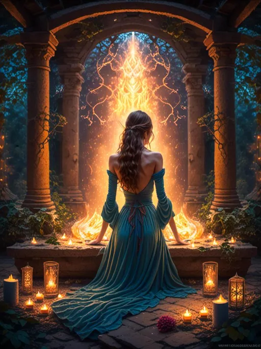 Prompt: <mymodel>Sorceress creating a glowing ward, magical fantasy painting, intricate details, mystical atmosphere, high quality, fantasy art, glowing magic, ethereal lighting, detailed robes, intense concentration, vibrant colors, magical energy, enchanting, spell casting, otherworldly, mystical, fantasy, detailed runes, atmospheric lighting