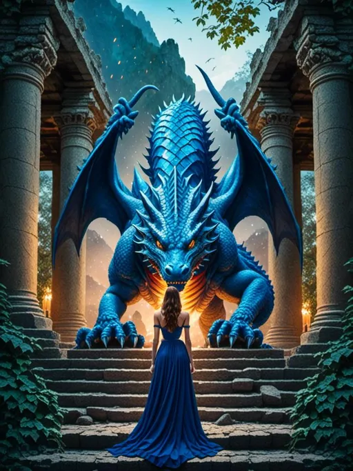 Prompt: <mymodel>Taming a majestic blue dragon, digital painting, ancient ruins backdrop, detailed dragon scales, intense and focused gaze, mystical bond, high quality, fantasy, vibrant colors, epic lighting