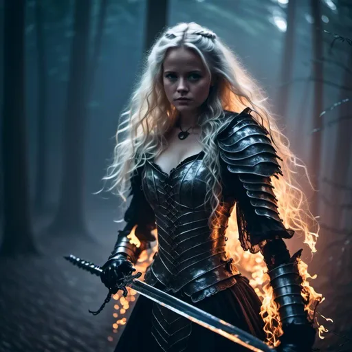 Prompt: <mymodel> she is a paladin with flaming sword standing in misty fog, black forest at night, high contrast lighting, white hair, detailed armor and fiery sword, eerie atmosphere, cool-toned, highres, fantasy, dark tones, intense glow, sinister presence, atmospheric shadows, closeup