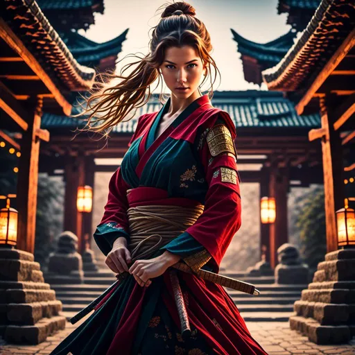 Prompt: <mymodel>closeup, she is a samurai defending a temple, multiple attacking ninja, traditional Japanese attire with a modern twist, dynamic action scene, high quality, realistic, anime style, dramatic lighting, intense battle, martial arts, beautiful warrior, detailed features, ancient temple setting, professional concept art, cinematic atmosphere, intense gaze, authentic armor, ancient architecture, vibrant colors, dynamic composition, heroic, epic battle, cool tones, atmospheric lighting