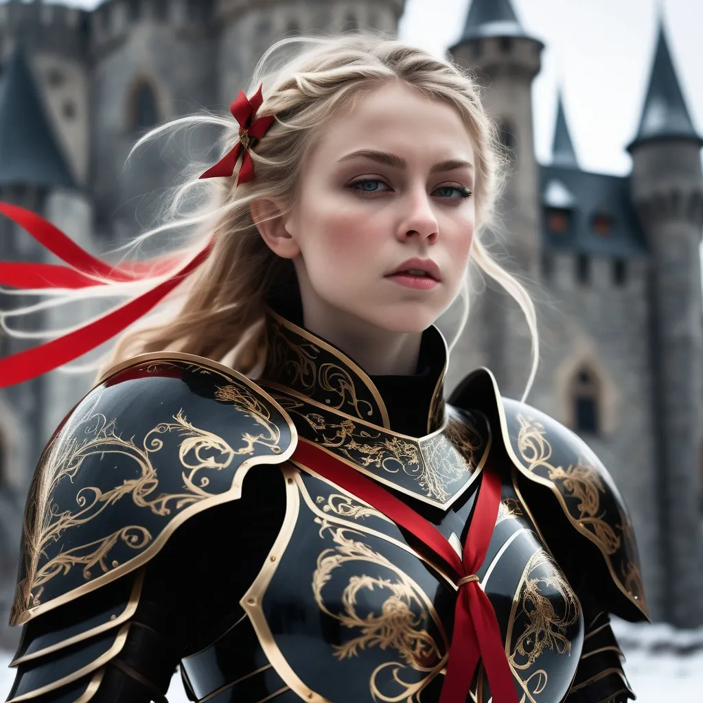 Prompt: wide view, lithe Warrior elf blonde girl, ((frown)), wearing intricate black plate armor with gold inlay, swirling wind whipping the red ribbons in her hair, high detail, cinematic atmosphere, HD, capturing the essence of strength and resilience amidst a breathtaking winter castle scene.