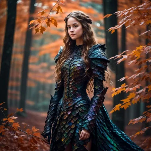 Prompt: <mymodel>Fantasy illustration of a ((death knight)) girl, vibrant and obsidian scales, lush mystical autumn forest background, intricate detailing on armor, ethereal and magical atmosphere, high-quality, detailed fantasy art, vibrant colors, mystical lighting, magical, detailed scales, majestic design, professional, atmospheric forest setting