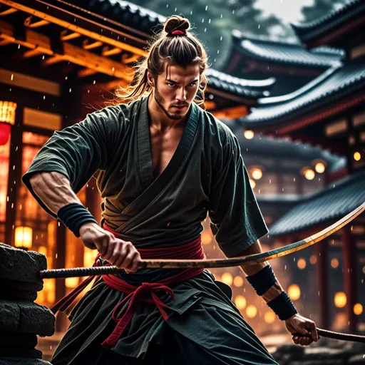 Prompt: <mymodel>closeup samurai defending a temple, multiple attacking ninja, traditional Japanese attire with a modern twist, dynamic action scene, high quality, realistic, anime style, dramatic lighting, intense battle, martial arts, beautiful warrior, detailed features, ancient temple setting, professional concept art, cinematic atmosphere, intense gaze, authentic armor, ancient architecture, vibrant colors, dynamic composition, heroic, epic battle, cool tones, atmospheric lighting