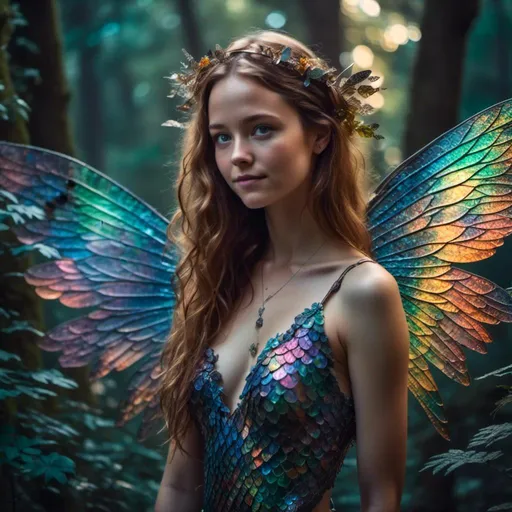 Prompt: <mymodel>Fantasy illustration of a fairy girl, vibrant and iridescent scales, lush mystical forest background, intricate detailing on wings and horns, ethereal and magical atmosphere, high-quality, detailed fantasy art, vibrant colors, mystical lighting, magical, detailed scales, majestic design, professional, atmospheric forest setting