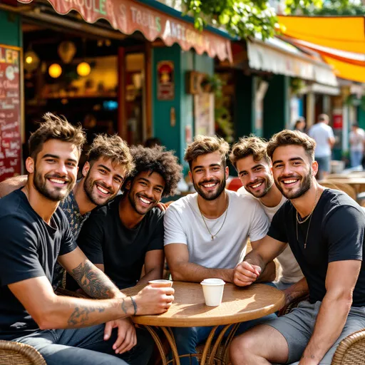 Prompt: A lively group of six young men is gathered together, showcasing a blend of casual fashion and youthful energy, with smiles and playful expressions on their faces. They are seated at a table outside a vibrant restaurant adorned with colorful signage, hinting at a relaxed afternoon ambiance. The scene is enhanced by bright sunlight filtering through, casting a warm glow over their clothing and surroundings. The diverse styles among them, from a sleek black shirt to a casual white tee, reflect a range of personal tastes, while the tables and chairs made of woven material add a laid-back, outdoor café vibe. The group exudes a sense of camaraderie, capturing a memorable moment of friendship in a bustling, inviting setting.