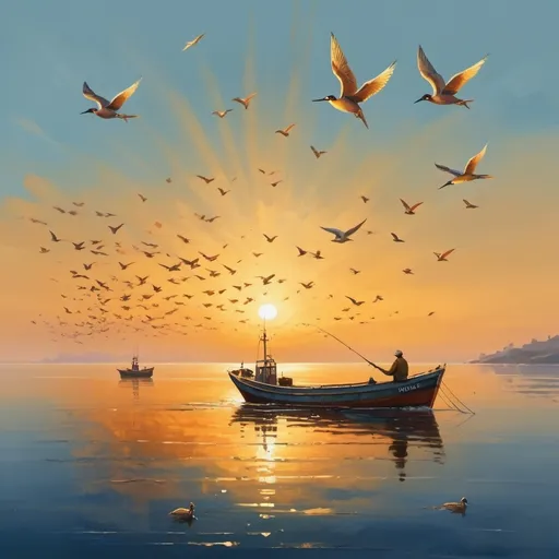 Prompt: fisherman, fishing boat, calm sea, birds flying in the sky, golden hour, artistic painting.