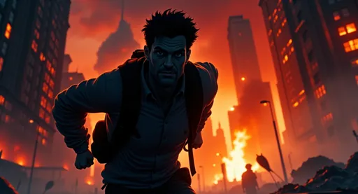 Prompt: Create a cinematic and atmospheric nighttime scene of a man running into the distance, depicted as very dark silhouette with no facial details visible, emphasizing his outline against a dramatic sky. The man is wearing a bagpack, clearly outlined against the fiery orange and red hues of distant explosions and fires in the background. Dense smoke fills the air, partially obscuring the urban environment, with faint outlines of skyscrapers and debris illuminated by the warm glow. Use a wide-angle perspective to capture the vastness of the scene while keeping the focus on the lone runner’s silhouette. Ensure the image has a moody, high-contrast aesthetic, with strong shadow art, where the subject's form and movement are defined solely by their dark shape against the bright chaos behind