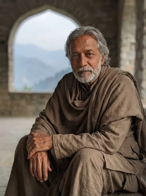 Prompt: full body shot front view of Photorealistic art style Core Emotional Effect

Calm, trustworthy, emotionally safe (Listener trait)

Clear, credible, authoritative in advice (Guide trait)

Wisdom feels earned, lived, and approachable

Modern viewers should feel:

“I can open up to him AND trust his guidance.”

🧔 FACE & AGE

Age appearance: 66–70 years

Face: Soft oval, slight natural asymmetry

Jaw: Rounded, gentle

Chin: Rounded, modest

Cheeks: Full but slightly aged, human and warm

Skin: Warm brown, natural texture, subtle fine lines, slightly dry

👁️ EYES

Medium, soft, compassionate, slightly drooping

Tired but alert — shows emotional endurance + clarity

Gaze: calm, understanding, non-judgmental, attentive

🧴 HAIR & BEARD

Hair: Mostly grey, medium length, natural

Beard: Short, grey, neatly kept, hints of darker strands

Signals experience + life lived

👘 CLOTHING

Non-religious, timeless, simple

Colors: muted earthy brown, beige, soft olive

Fabric: cotton/linen, soft, slightly textured, worn

Style: loose shawl or kurta-layer

No tilak, beads, saffron, or decorative symbols

POSTURE & BODY LANGUAGE

Slight forward lean

Shoulders relaxed

Hands loosely clasped or resting naturally

Minimal, slow movements

Occasional subtle nod — conveys empathy and authority

LIGHTING & BACKGROUND

Soft, early morning Himalayan light

Side-lit, gentle shadows

Background: stone or cave interior, slightly misty, blurred

Mood: calm, safe, neutral, timeless face to viewer, background is a suitable beautiful scene