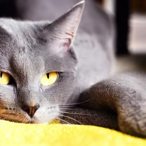 Prompt: a gray cat with yellow eyes laying on it's back
