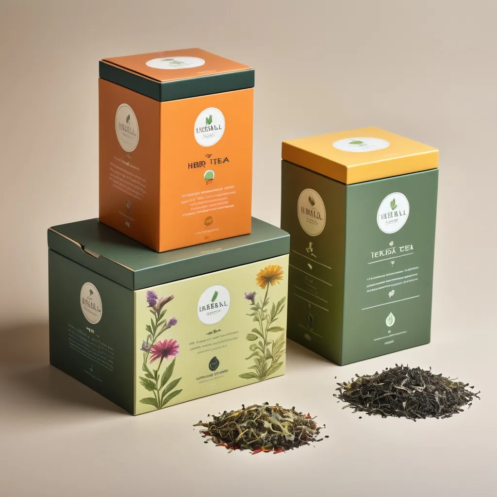 Prompt: herbal tea company, Design a tea box that would differentiate it from existing herbal tea companies. Include details for tea box size, tea bag type, tea bag label, colour, shape and font for the tea box.