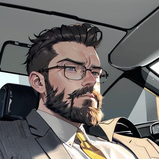 Prompt: a business man with a beard sitting on a throne looking in the distance with a serious look on his face, Andrew Allan, verdadism, profile picture, a picture