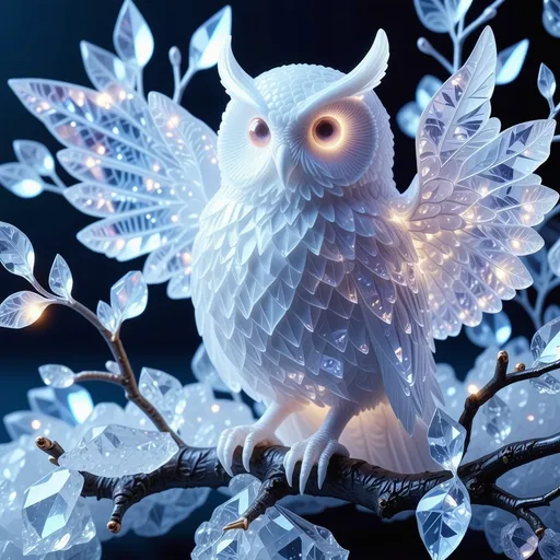 Prompt: Une sculpture en cristal irisé d'un hibou majestueux, perchée sur une branche d'arbre en cristal, émettant une lueur bioluminescente douce et éthérée, entourée de particules de cristal étincelantes et vibrantes, reflétant la lumière comme des écailles irisées. La prise de vue macro, avec une mise au point ultra-nette, capture la texture moléculaire complexe du cristal et les rayons chatoyants qui dansent autour de la sculpture. L'aura éthérée et luminescente entoure la pièce, créant un effet de verre brisé avec des fragments cristallins nets et des reflets de couleurs vives. La photographie à grande vitesse saisit le mouvement dynamique et l'énergie de la sculpture, comme si elle était en train de prendre son envol. Inspirée par les styles de Ash Thorp, Simon Stalenhag et Syd Mead, avec une esthétique qui combine l'art du cristal, la bioluminescence et la photographie à grande vitesse.