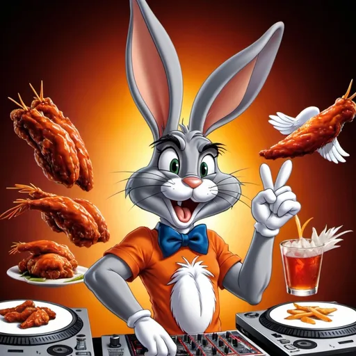 Prompt: bugs bunny, hot wings, dj kalid attitude