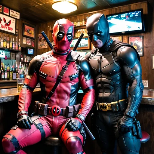 Prompt: Deadpool hanging out with The Dark Knight at a dive bar