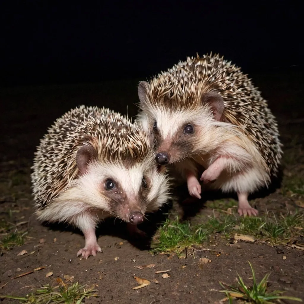 Prompt: European hedgehogs out in the nighttime