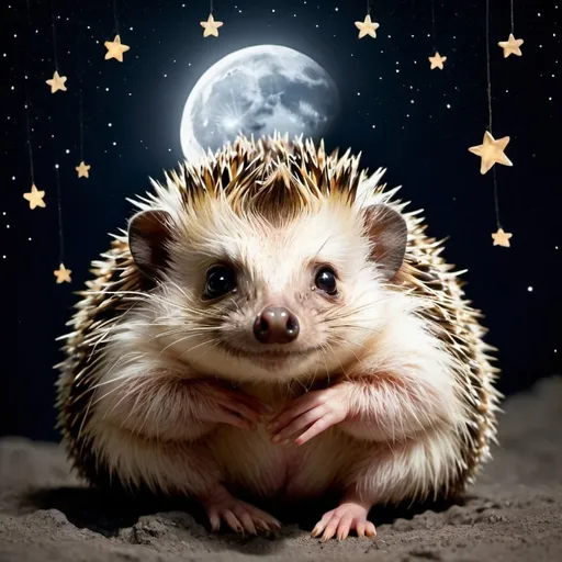 Prompt: Hedgehog sitting under the moon and stars
