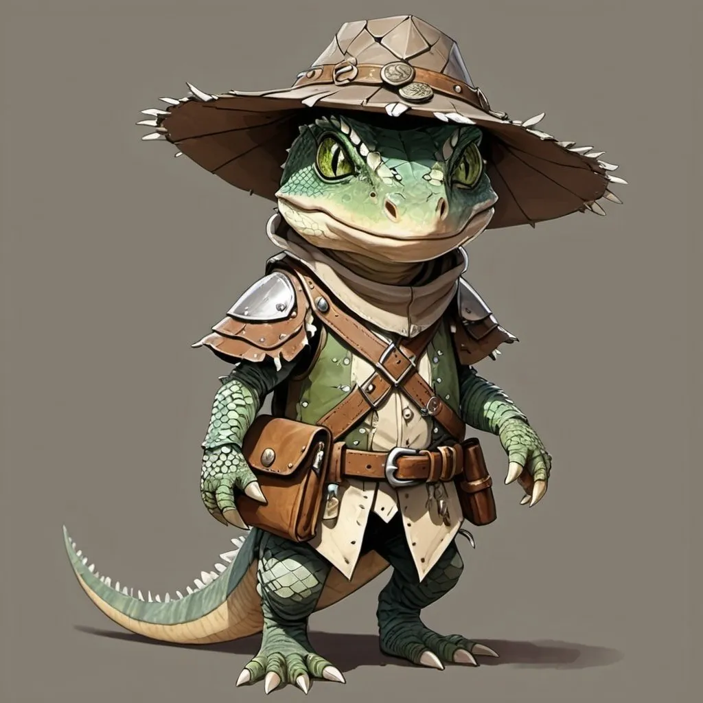 Prompt: cute lizardfolk
Dusky green scales, dusty and sun-bleached in places.
A wide-brimmed hat, frayed at the edges.
Patchwork armor pieces made from scavenged materials.
A leather pouch filled with coins and a small ledger.