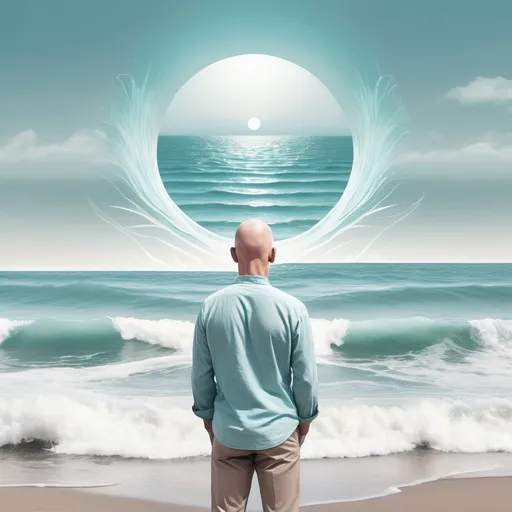 Prompt: Create a peaceful and captivating book cover depicting a man standing by the sea, looking out towards the horizon. The sea should be in soothing turquoise blue and white tones, reflecting a serene and calming atmosphere. Light, subtle waves should lap gently at the shore. Around the man's head with no hair , incorporatelots of  symbols representing healing frequencies, glowing softly in a gentle, ethereal manner. The frequencies should create a calming aura, evoking tranquility and well-being. Use lighter colors for the overall design to maintain a peaceful, uplifting feel. Include clear and large fonts for the book title, ensuring they are easy to read. Also, add "by Ricardo Arellano" in the design. 