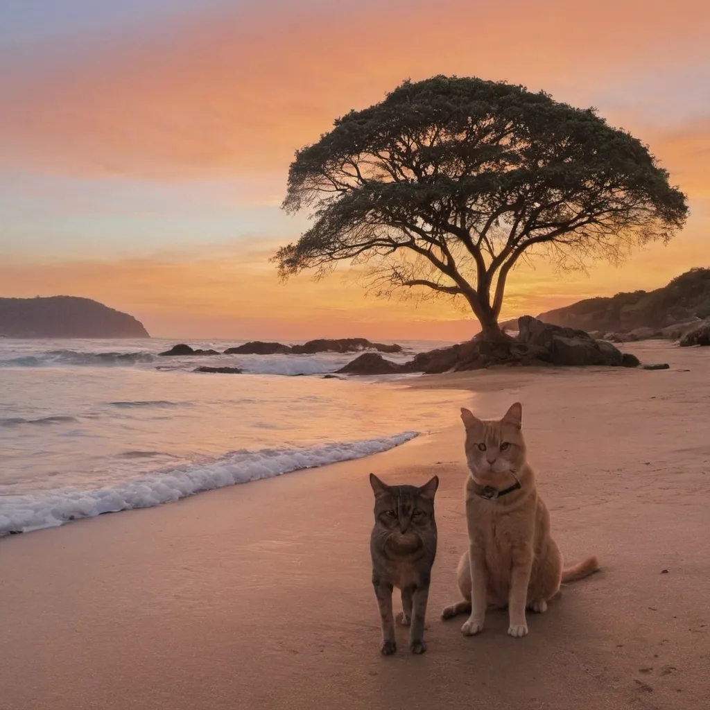 Prompt: Foto do por do sol em uma praia, com uma arvore, um cachorro, um gato, e algumas montanhas ao fundo.