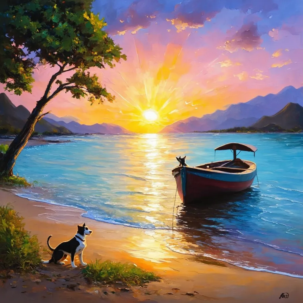 Prompt: An oil painting of the sunset on a beach with a small boat with beautiful rays of light with a tree with a dog with a cat and with some mountains in the background