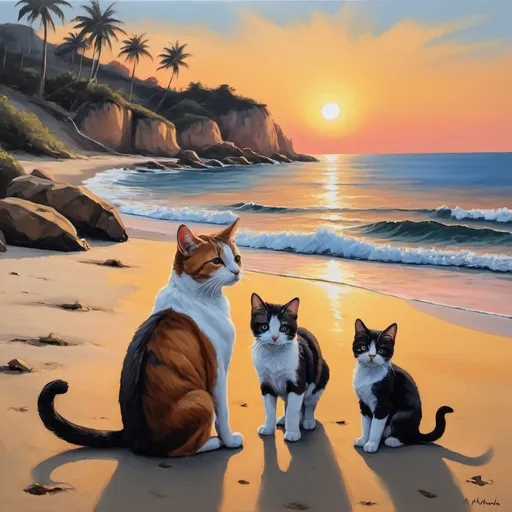 Prompt: Um quadro pintado a óleo sem assinatura do por do sol em uma praia com um barquinho lindos raios de luz (não muito exagerados) uma arvore um cachorro um gato e algumas montanhas ao fundo