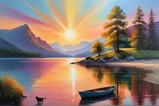 Prompt: Oil painting of a serene sunset beach scene, colorful rays of light, small boat on still waters, lone tree with vibrant foliage, calm dog and cat together, distant majestic mountains, high quality, ultra-detailed, oil painting, serene, sunset, beach, colorful rays, boat, tree, dog, cat, mountains, peaceful ambiance, vibrant colors, professional lighting