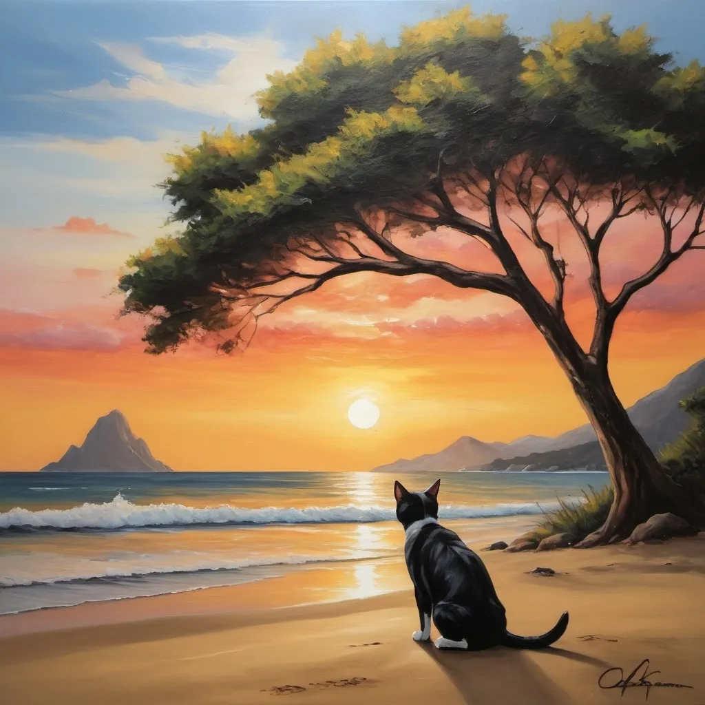 Prompt: Como um quadro pintado a óleo, do por do sol em uma praia, com uma arvore, um cachorro, um gato, e algumas montanhas ao fundo.