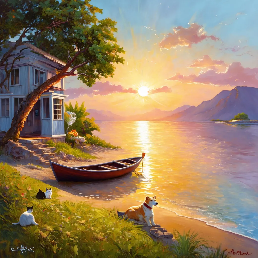 Prompt: An oil painting of the sunset, with beautiful rays of light, on a house with view to a beach, with a small boat, on the water or sand, with a tree, with a dog and a cat, and some mountains in the background