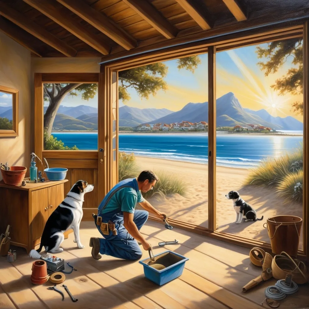 Prompt: An oil painting of a handyman doing a simple fix, with beautiful rays of light, on a house with view to a beach, with a small boat, on the water or sand, with a tree, with a dog and a cat, and some mountains in the background