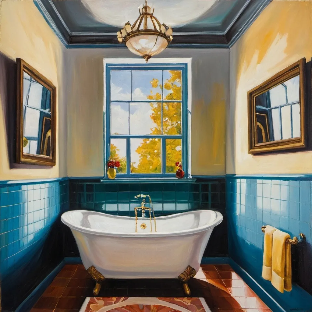 Prompt: An oil painting of a bathroom