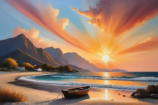 Prompt: An oil painting of the sunset on a beach with a small boat, beautiful rays of light, a tree, a dog, a cat and some mountains in the background