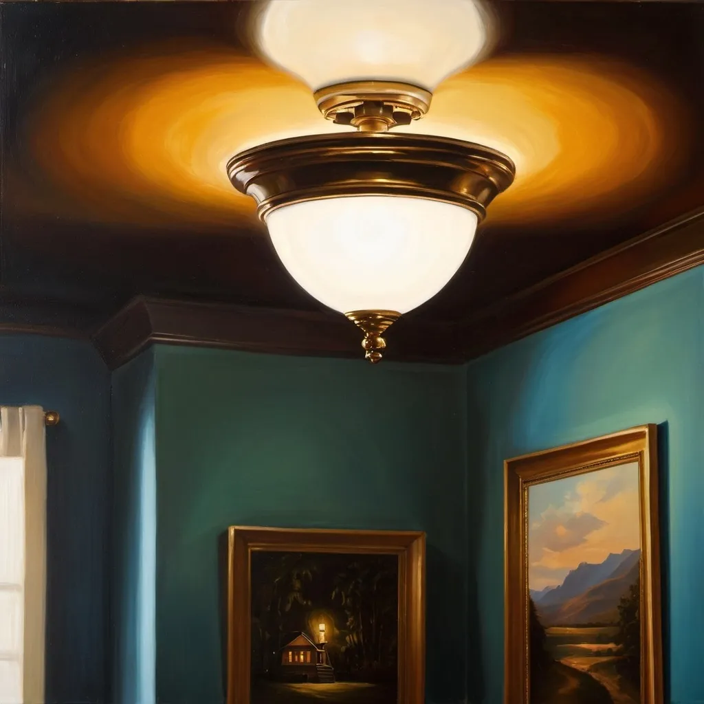 Prompt: An oil painting of a room, zooming in on a light fixture