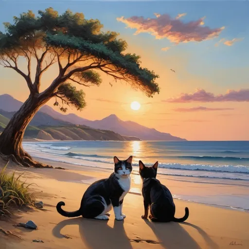 Prompt: Um quadro pintado a óleo, sem assinatura, do por do sol em uma praia, com um barquinho, com lindos raios de luz (não muiito exagerados), com uma arvore, com um cachorro, com um gato, e com algumas montanhas ao fundo.