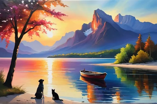 Prompt: Oil painting of a serene sunset beach scene, colorful rays of light, small boat on still waters, lone tree with vibrant foliage, calm dog and cat together, distant majestic mountains, high quality, ultra-detailed, oil painting, serene, sunset, beach, colorful rays, boat, tree, dog, cat, mountains, peaceful ambiance, vibrant colors, professional lighting