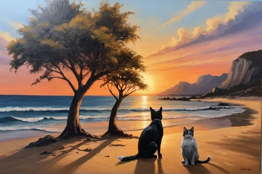 Prompt: Um quadro pintado a óleo sem assinatura do por do sol em uma praia com um barquinho lindos raios de luz (não muito exagerados) uma arvore um cachorro um gato e algumas montanhas ao fundo