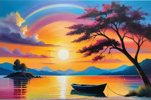 Prompt: Oil painting of a serene sunset beach scene, colorful rays of light, small boat on still waters, lone tree with vibrant foliage, calm dog and cat together, distant majestic mountains, high quality, ultra-detailed, oil painting, serene, sunset, beach, colorful rays, boat, tree, dog, cat, mountains, peaceful ambiance, vibrant colors, professional lighting