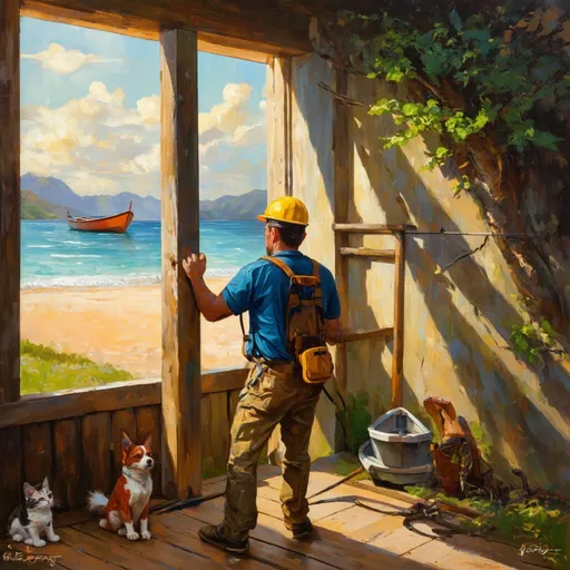 Prompt: An oil painting of a handyman doing a simple fix, on a house, with view to a beach with a small boat with beautiful rays of light with a tree with a dog with a cat and with some mountains in the background