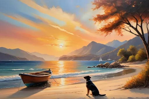 Prompt: Oil painting of sunset on beach, beautiful rays of light, small boat, tree, dog, cat, mountains in background, high quality, detailed, realistic, sunset colors, warm lighting, beach scenery, serene atmosphere, professional, vibrant colors, atmospheric lighting