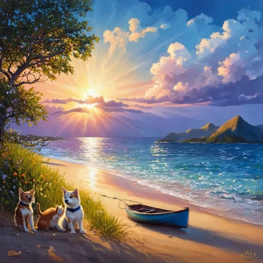 Prompt: An oil painting of the sunset on a beach with a small boat with beautiful rays of light with a tree with a dog with a cat and with some mountains in the background