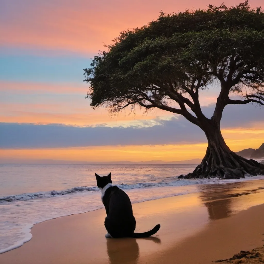 Prompt: Foto do por do sol em uma praia, com uma arvore, um cachorro, um gato, e algumas montanhas ao fundo. Like an oil painting.