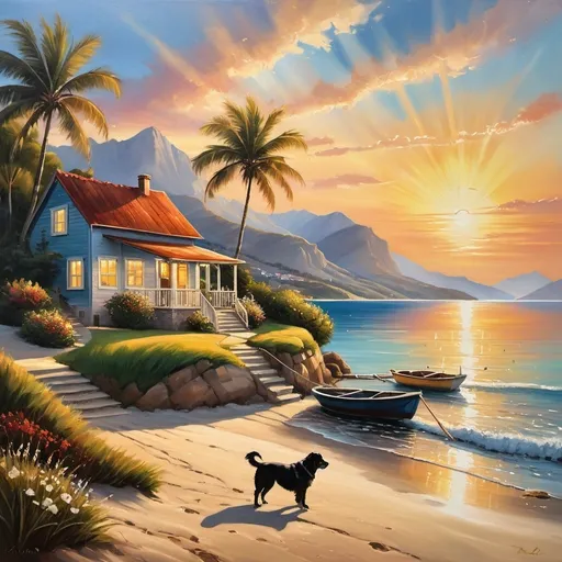 Prompt: An oil painting of a house, on the sunset, with beautiful rays of light, on a house with view to a beach, with a small boat, on the water or sand, with a tree, with a dog and a cat, and some mountains in the background