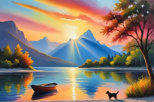 Prompt: Oil painting of a serene sunset beach scene, colorful rays of light, small boat on still waters, lone tree with vibrant foliage, calm dog and cat together, distant majestic mountains, high quality, ultra-detailed, oil painting, serene, sunset, beach, colorful rays, boat, tree, dog, cat, mountains, peaceful ambiance, vibrant colors, professional lighting