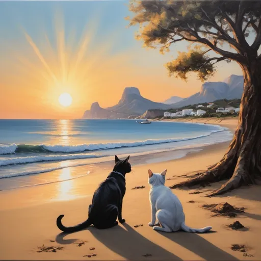 Prompt: Um quadro pintado a óleo, sem assinatura, do por do sol em uma praia, com lindos raios de luz, com uma arvore, com um cachorro, com um gato, e com algumas montanhas ao fundo.