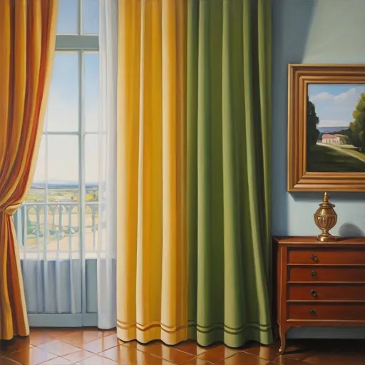 Prompt: An oil painting of a room, zooming in on a curtain