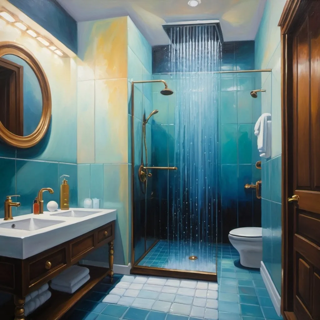 Prompt: An oil painting of a bathroom, zooming in on a shower