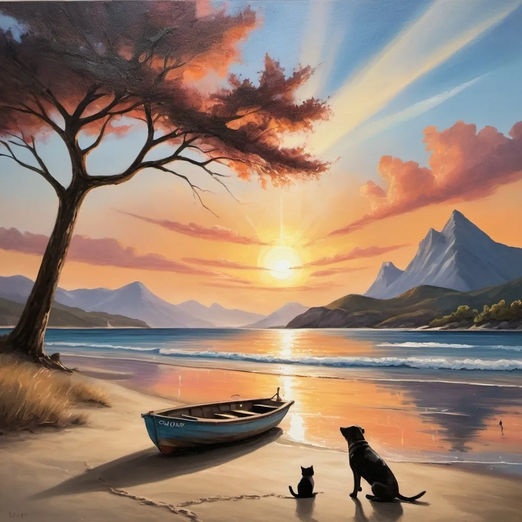 Prompt: An oil painting of the sunset on a beach with a small boat with beautiful rays of light with a tree with a dog with a cat and with some mountains in the background